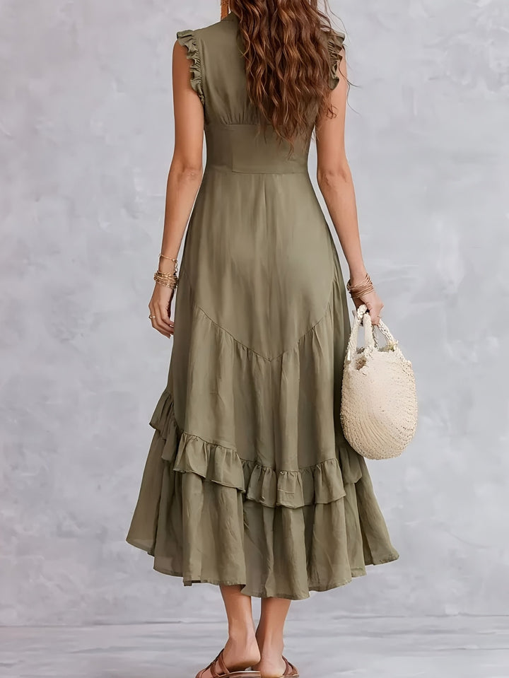 Elegante Abito Maxi Senza Maniche con Scollo a V e Orlo a Righe - Tessuto Bianco Lavabile Adatto per Pendolarismo e Abbigliamento Semi-Formale, Abito Monocromatico Lavabile in Lavatrice per Primavera Estate Autunno