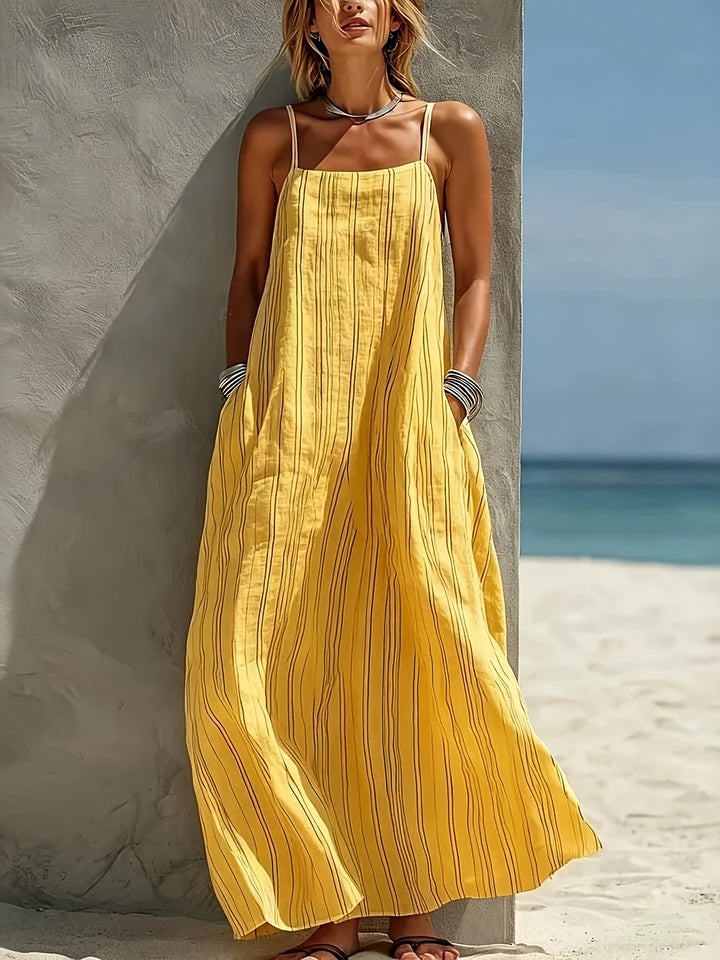 Abito Maxi in Lino a Righe da Donna - Senza Maniche con Scollo Quadrato - Abito a Linea con Tasche | Collo/Camelien Adatto per Vacanze al Mare, Abbigliamento da Resort | Abito Estivo Lungo e Fluttuante per Viaggi, Outfit Giornalieri | Abito Lavabile in La