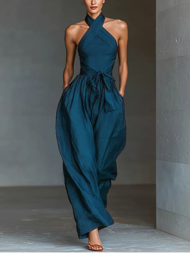 Salopette a Scollo Incrociato Blu Navy con Pantaloni Larghi e Tasche Laterali