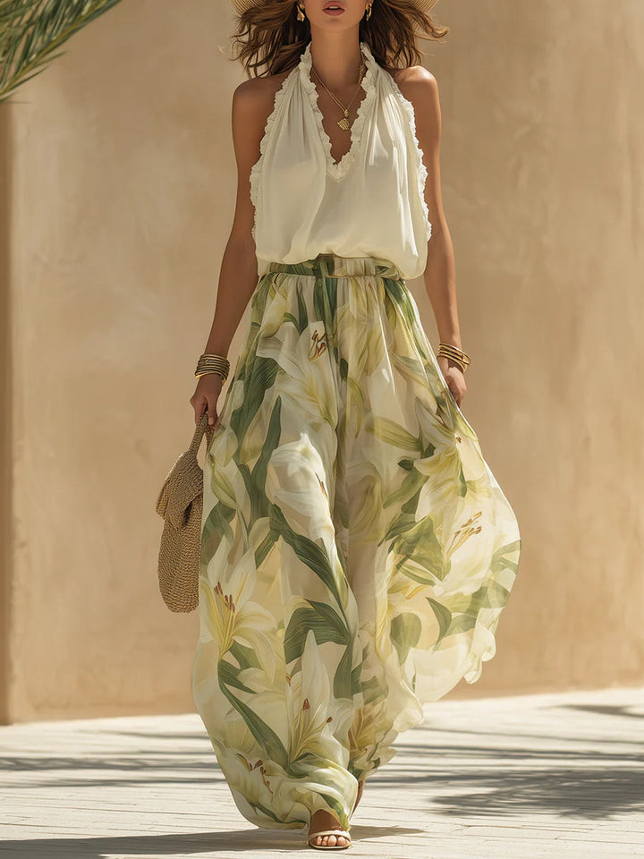 Set Top Senza Maniche in Chiffon con Volant e Pantaloni con Stampa di Gigli