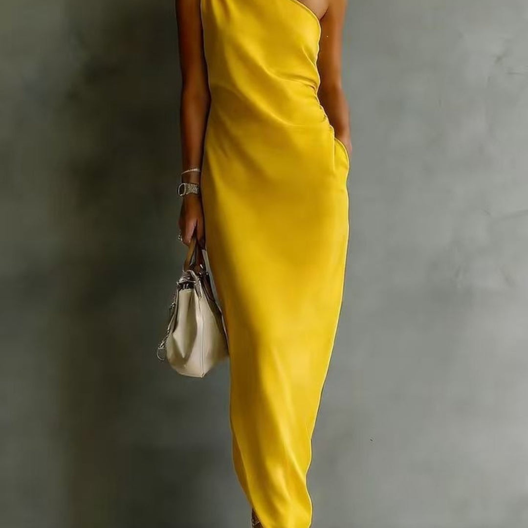 Abito Maxi Senza Maniche a Spalla Unica per Donna, Orlo Asimmetrico Arricciato con Tasca Laterale, Stile Elegante per Feste, Disponibile in 6 Colori