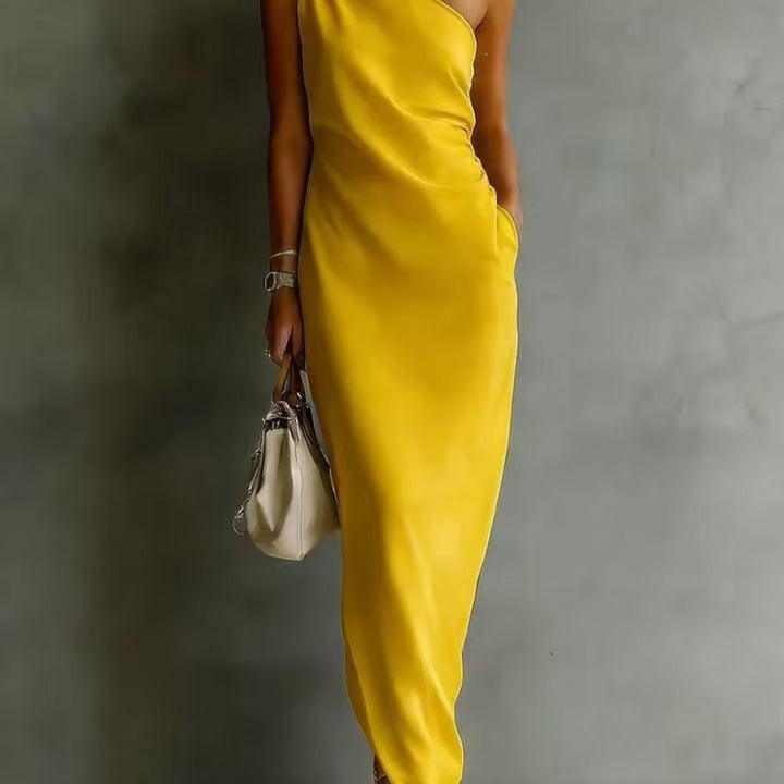 Abito Maxi Senza Maniche a Spalla Unica per Donna, Orlo Asimmetrico Arricciato con Tasca Laterale, Stile Elegante per Feste, Disponibile in 6 Colori