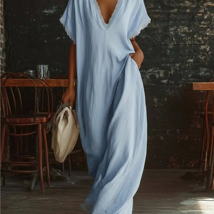 Abito Maxi Lino Bianco con Scollo a V e Bordo in Pizzo, Estivo, Nuovo, Slim Fit, Maniche Corte, Casual, Versatile, per Vacanze