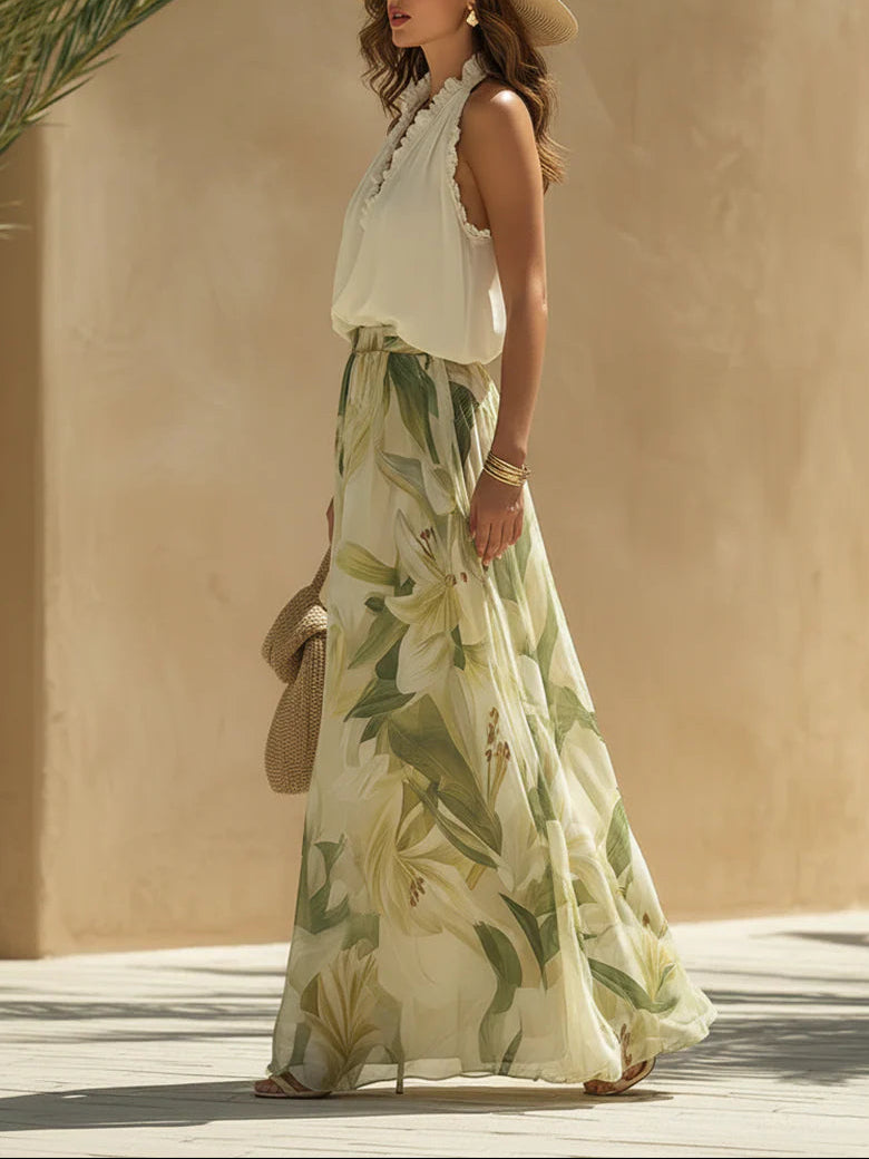 Set Top in Chiffon con Rouches e Pantaloni con Stampa di Gigli
