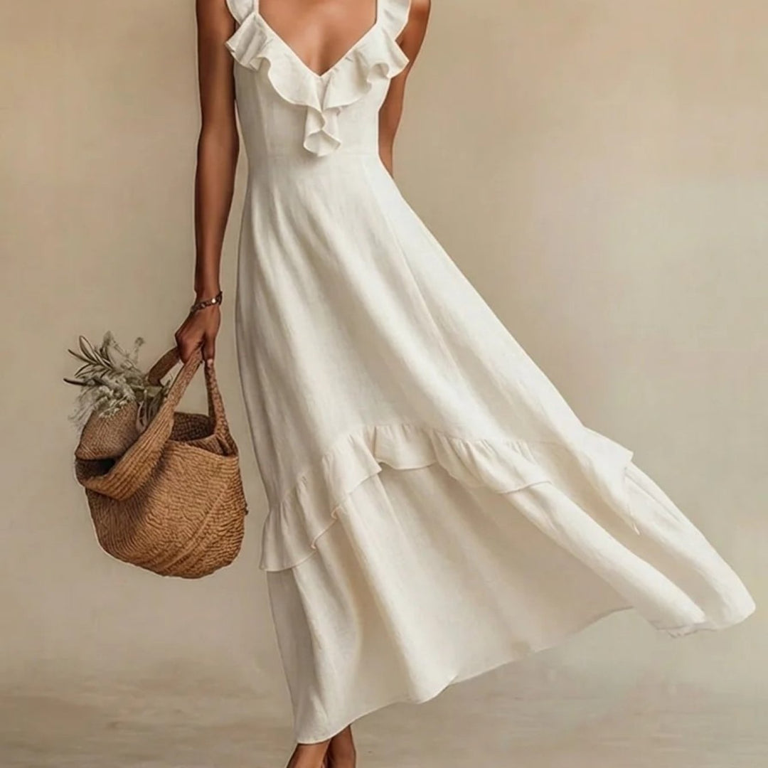 Abito Maxi con Righe a Volant in 4 Colori per Donne, Vestito Casual Senza Maniche a V per l'Estate, Giallo/Beige/Verde/Bianco
