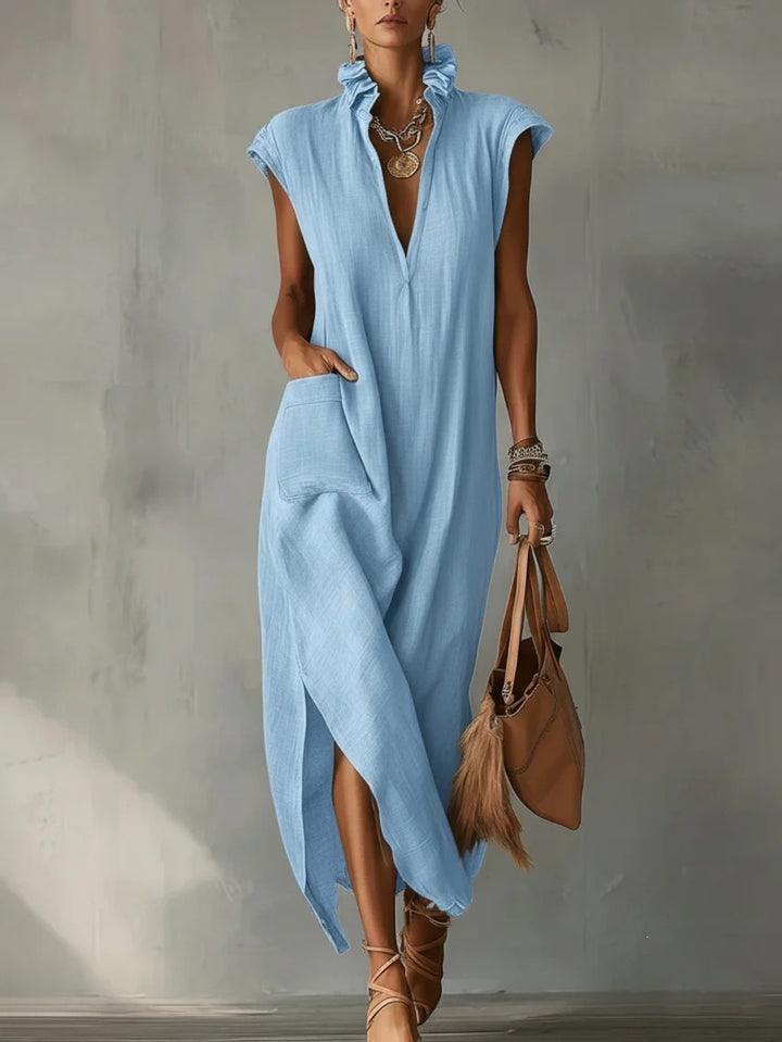 Abito Maxi in Lino per Donna, Collo Volante Senza Maniche con Tasche e Fessura Laterale, Vestibilità Larga, Stile Estivo Casual per Spiaggia, Vacanze, Uso Quotidiano