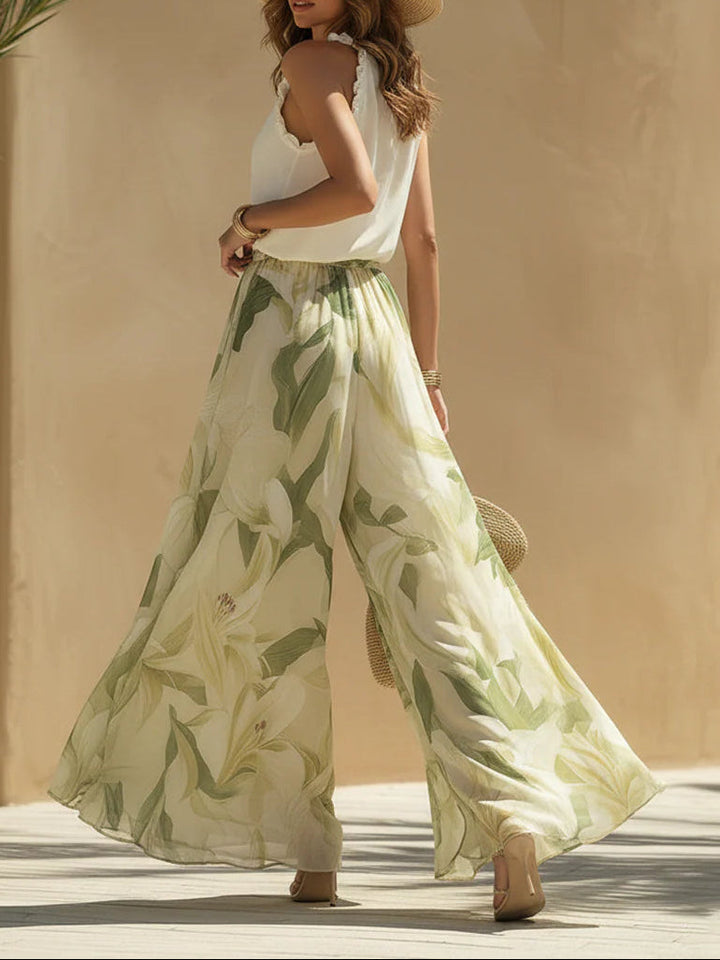 Set Top in Chiffon con Rouches e Pantaloni con Stampa di Gigli