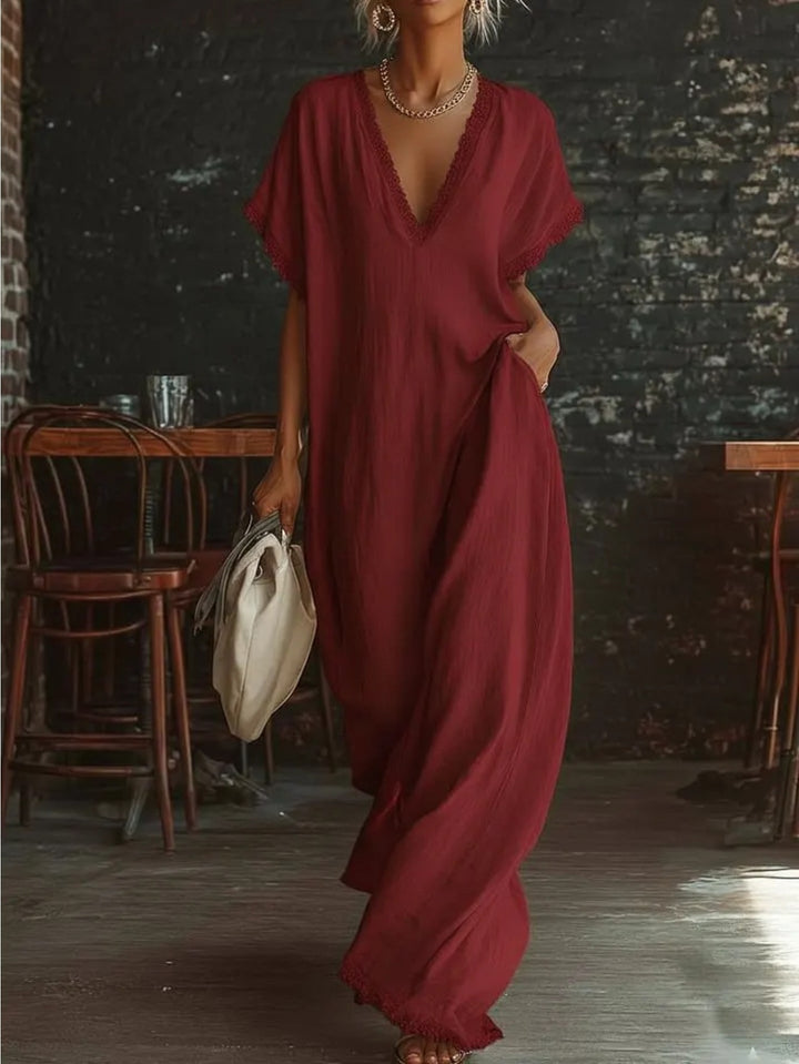 Abito Maxi Lino Bianco con Scollo a V e Bordo in Pizzo, Estivo, Nuovo, Slim Fit, Maniche Corte, Casual, Versatile, per Vacanze