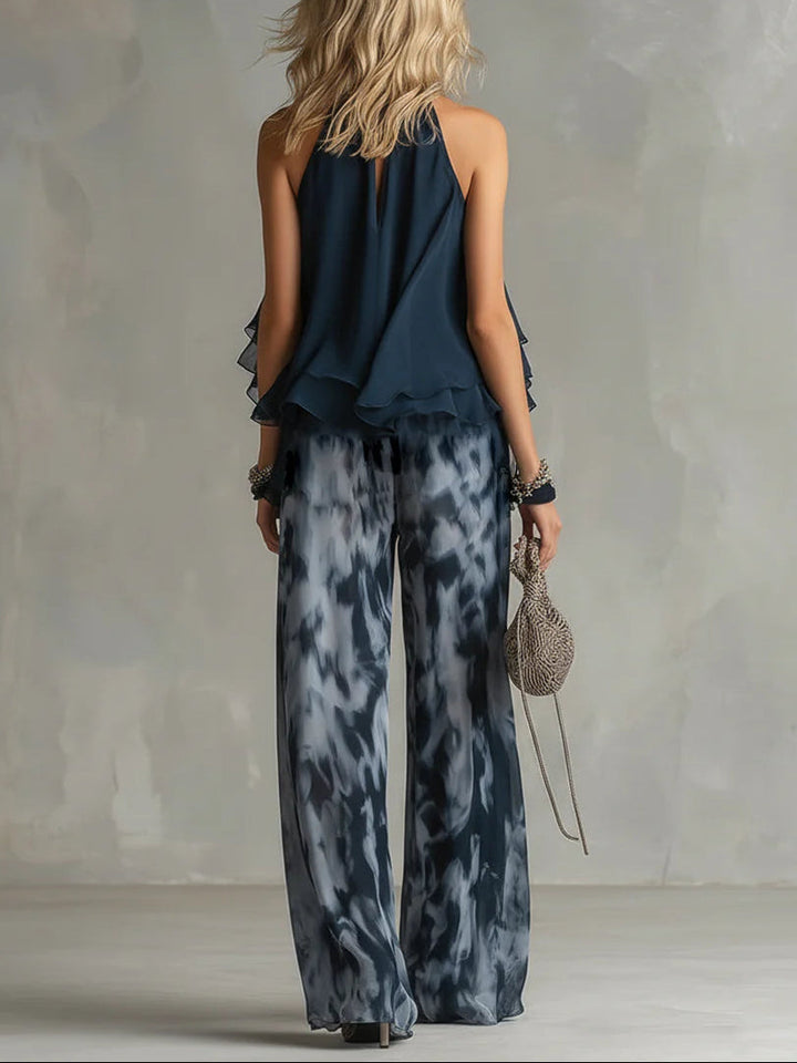 Set Top Halter e Pantaloni a Gamba Larga Stampati