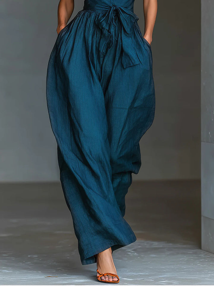 Salopette a Scollo Incrociato Blu Navy con Pantaloni Larghi e Tasche Laterali