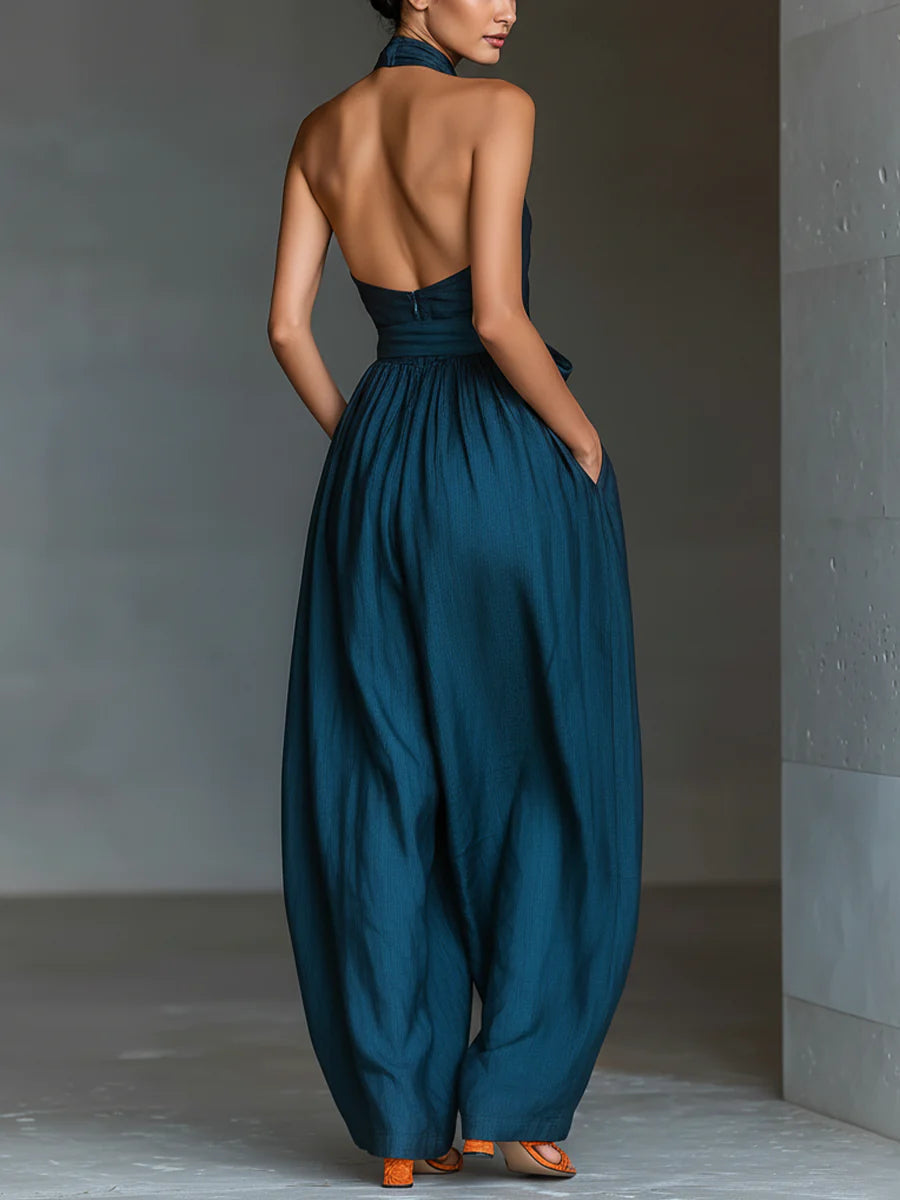Salopette a Scollo Incrociato Blu Navy con Pantaloni Larghi e Tasche Laterali