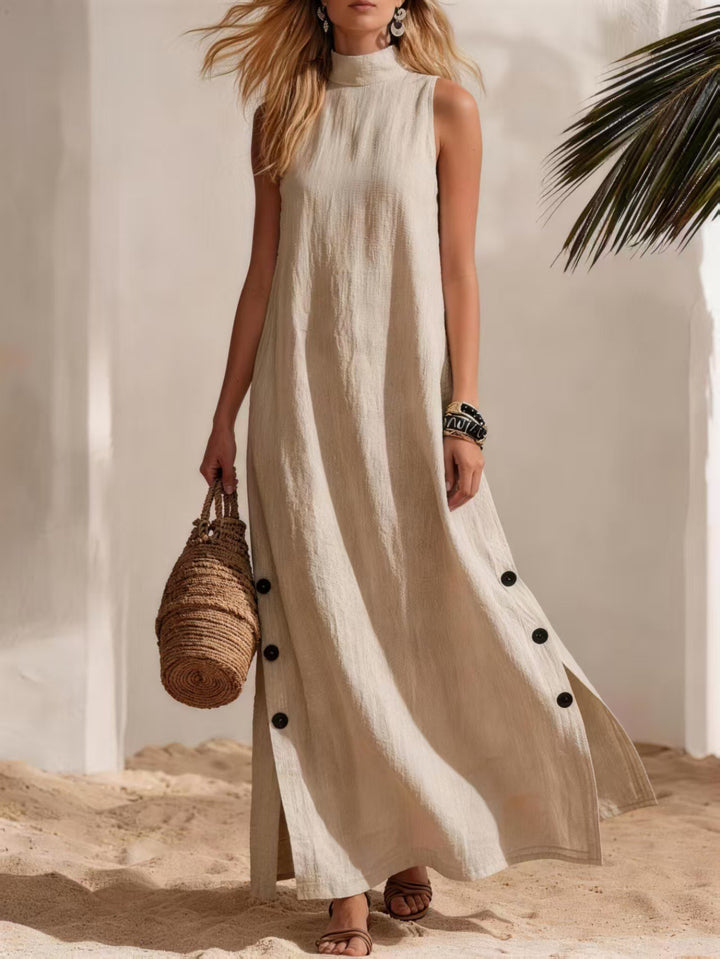 Donna - Abito Maxi Senza Maniche, Collo Alto con Fessura Laterale e Dettaglio Bottoni, Stile Casual da Spiaggia