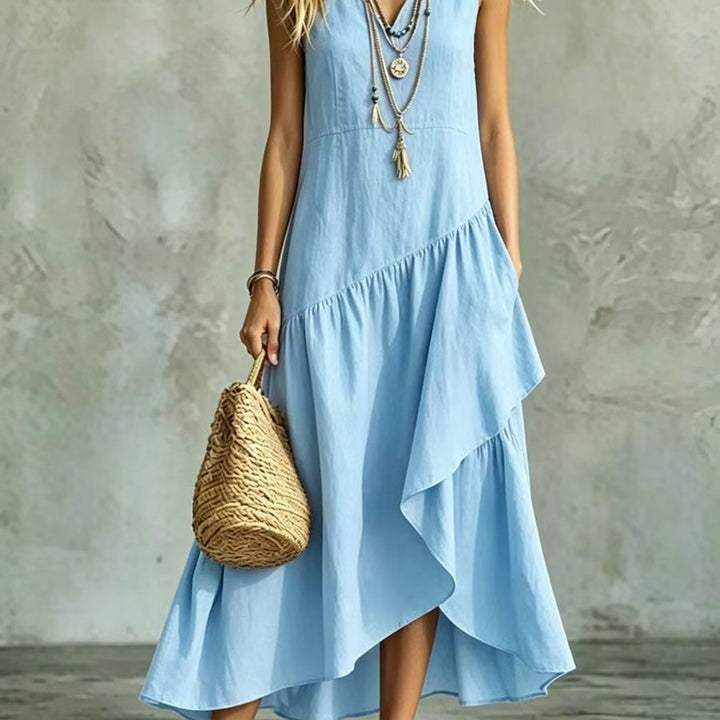Abito Maxi Asimmetrico Senza Maniche con Scollatura a V, Abito Casual con Orlo Alto-Basso e Tasche, Abito Estivo Fluttuante in Colore Unito per Donne