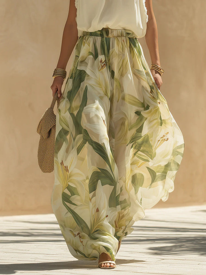Set Top Senza Maniche in Chiffon con Rouches e Pantaloni a Stampa Giglio