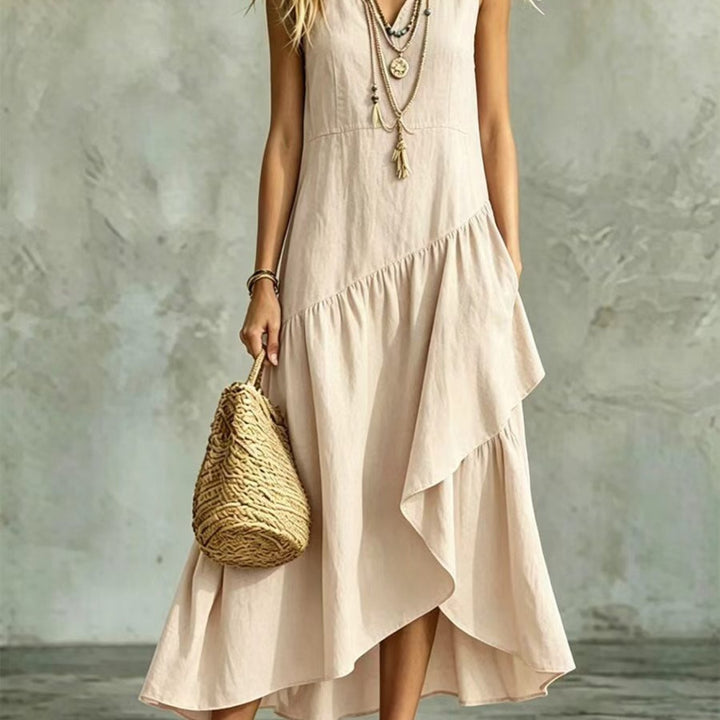 Abito Maxi Asimmetrico Senza Maniche con Scollatura a V, Abito Casual con Orlo Alto-Basso e Tasche, Abito Estivo Fluttuante in Colore Unito per Donne