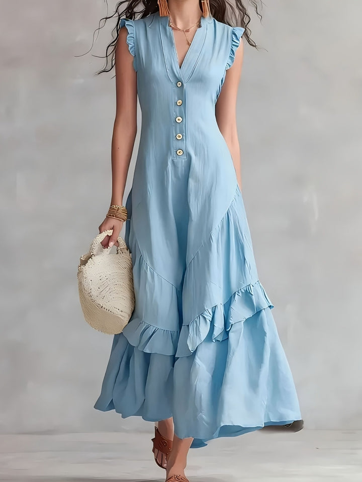 Elegante Abito Maxi Senza Maniche con Scollo a V e Orlo a Righe - Tessuto Bianco Lavabile Adatto per Pendolarismo e Abbigliamento Semi-Formale, Abito Monocromatico Lavabile in Lavatrice per Primavera Estate Autunno