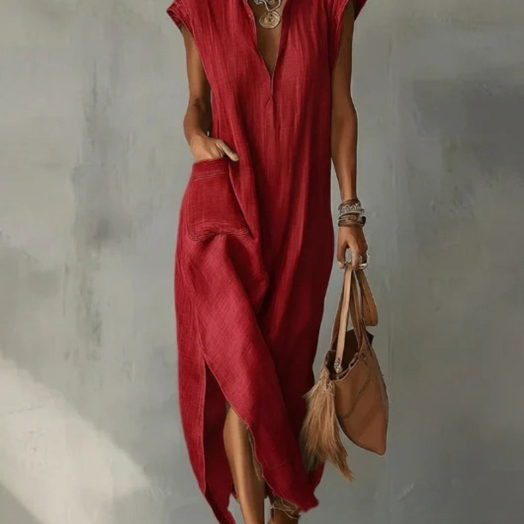 Abito Maxi in Lino per Donna, Collo Volante Senza Maniche con Tasche e Fessura Laterale, Vestibilità Larga, Stile Estivo Casual per Spiaggia, Vacanze, Uso Quotidiano