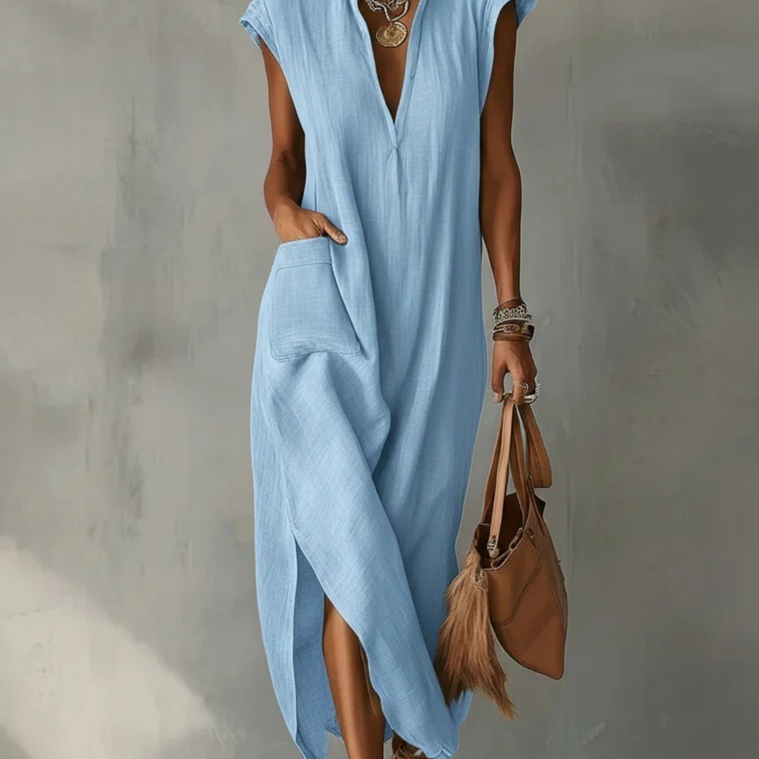 Abito Maxi in Lino per Donna, Collo Volante Senza Maniche con Tasche e Fessura Laterale, Vestibilità Larga, Stile Estivo Casual per Spiaggia, Vacanze, Uso Quotidiano