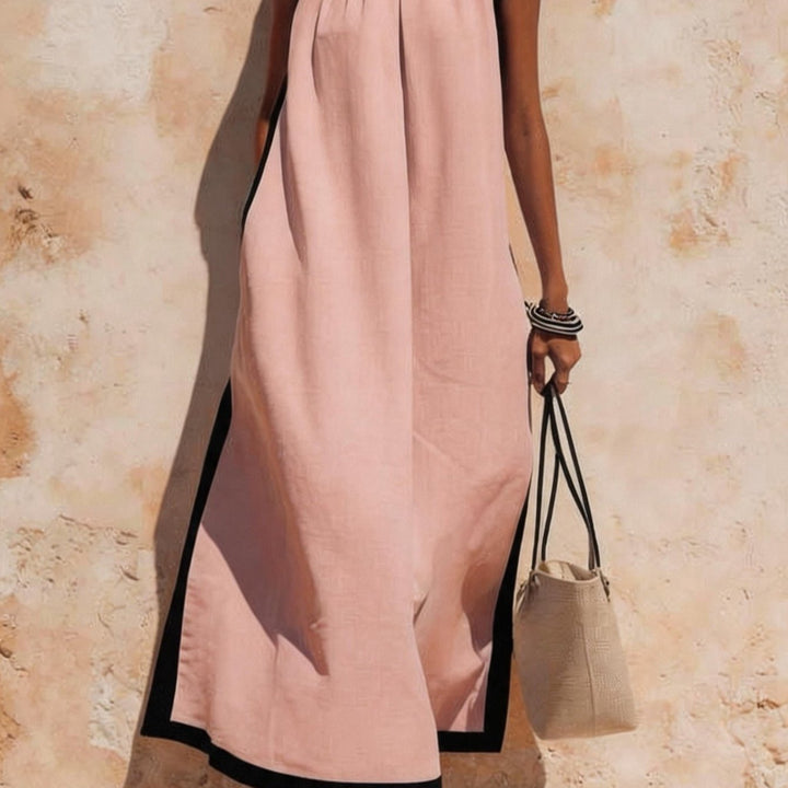 Abito Maxi da Donna con Scollo a Halter, Senza Maniche con Rifiniture a Contrasto e Tasche Laterali, Stile Casual Estivo