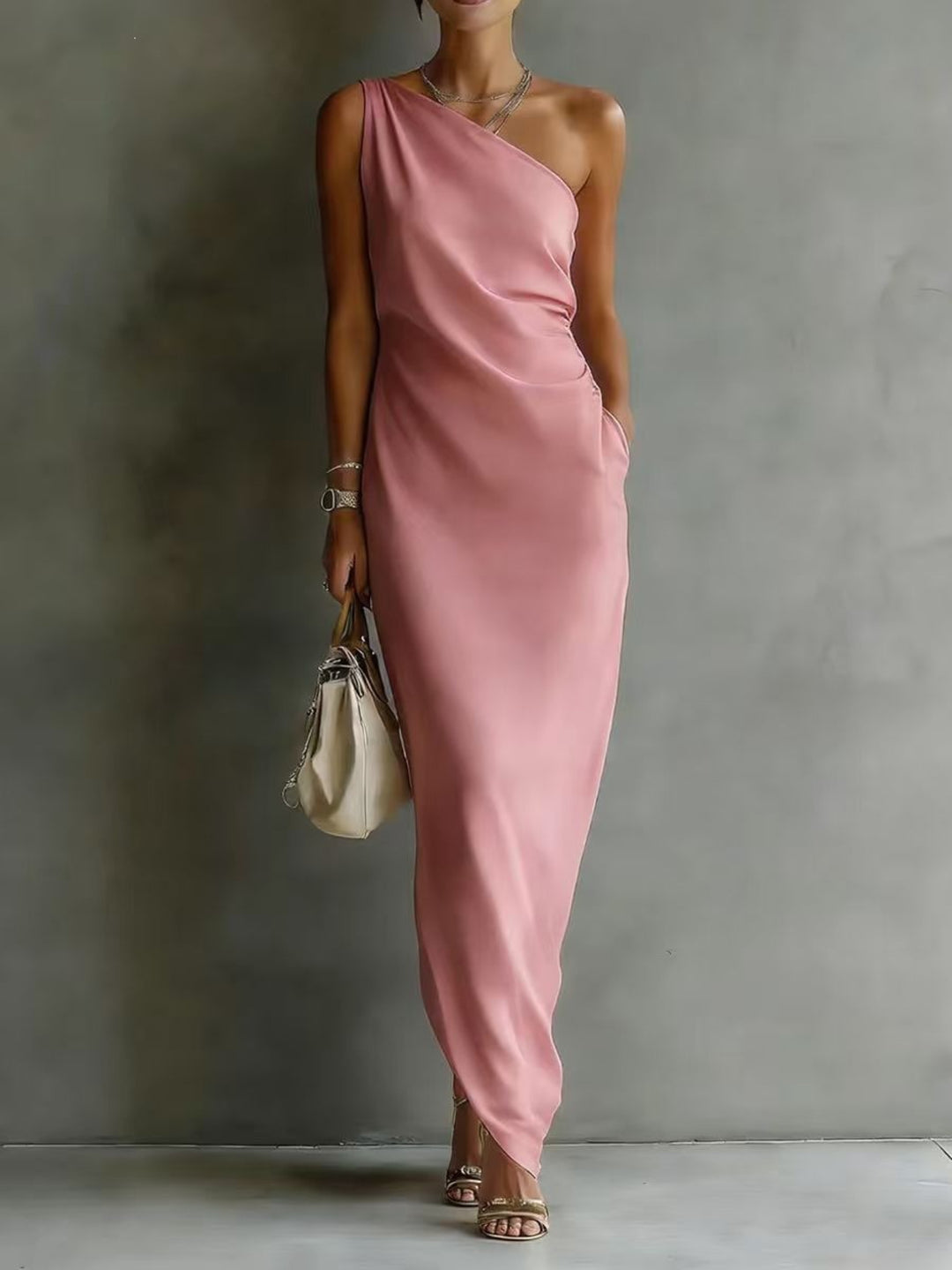 Abito Maxi Senza Maniche a Spalla Unica per Donna, Orlo Asimmetrico Arricciato con Tasca Laterale, Stile Elegante per Feste, Disponibile in 6 Colori