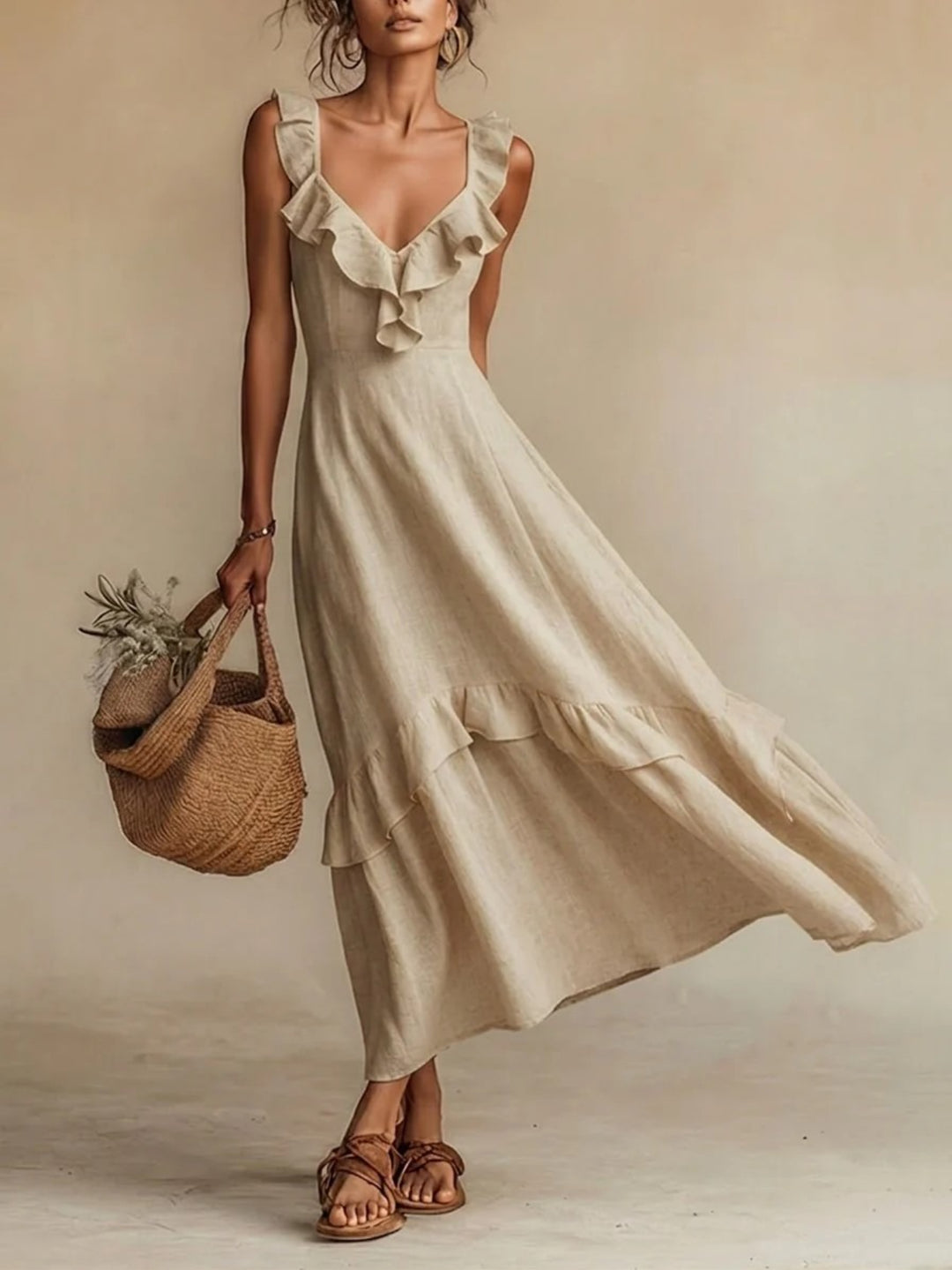 Abito Maxi con Righe a Volant in 4 Colori per Donne, Vestito Casual Senza Maniche a V per l'Estate, Giallo/Beige/Verde/Bianco