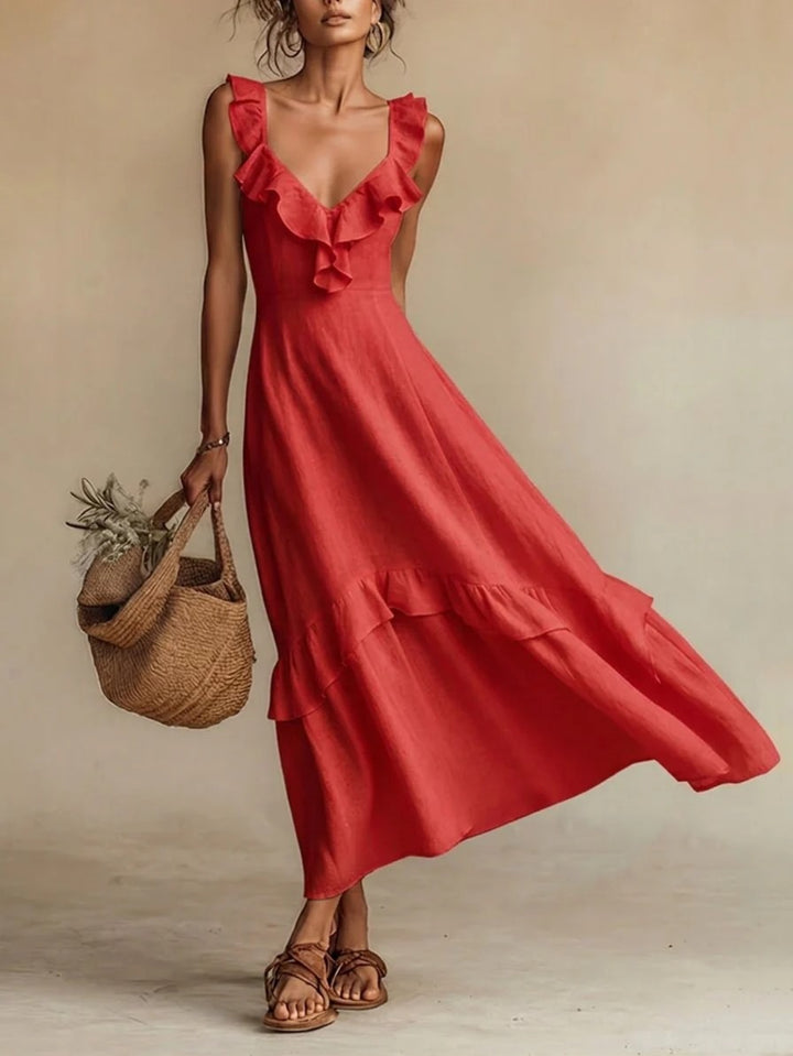 Abito Maxi con Righe a Volant in 4 Colori per Donne, Vestito Casual Senza Maniche a V per l'Estate, Giallo/Beige/Verde/Bianco