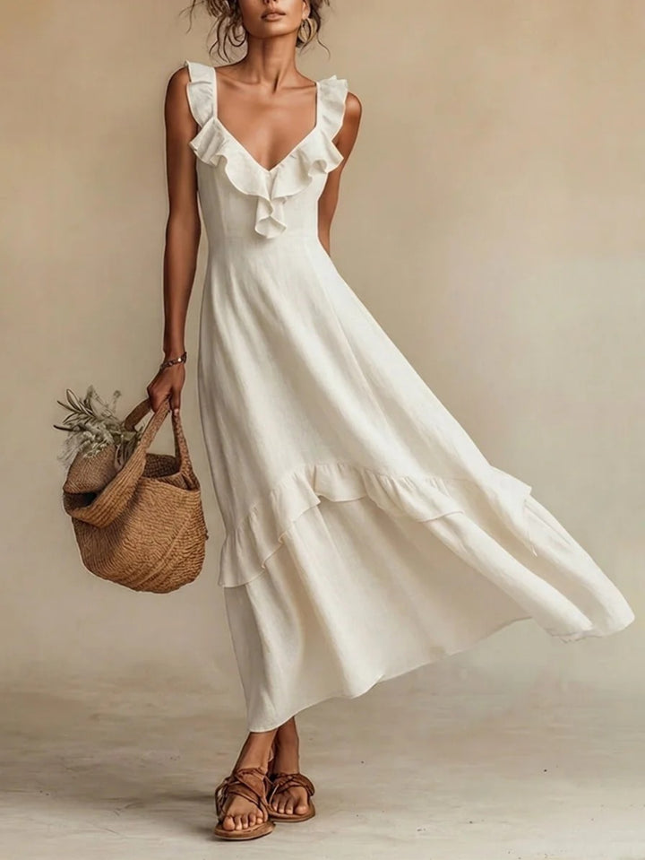 Abito Maxi Ruffle con Scollatura a V per Donna, Design con Orlo a Strati Senza Maniche, Stile Casual Elegante, Molti Colori per Estate, Spiaggia, Vacanze, Uso Quotidiano