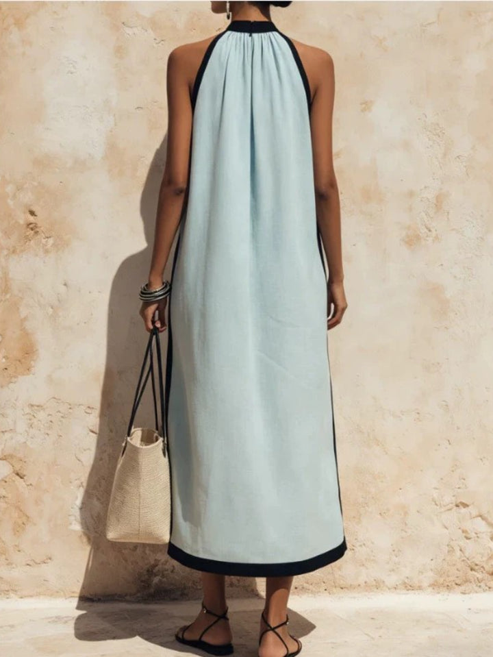 Abito Maxi da Donna con Scollo a Halter, Senza Maniche con Rifiniture a Contrasto e Tasche Laterali, Stile Casual Estivo