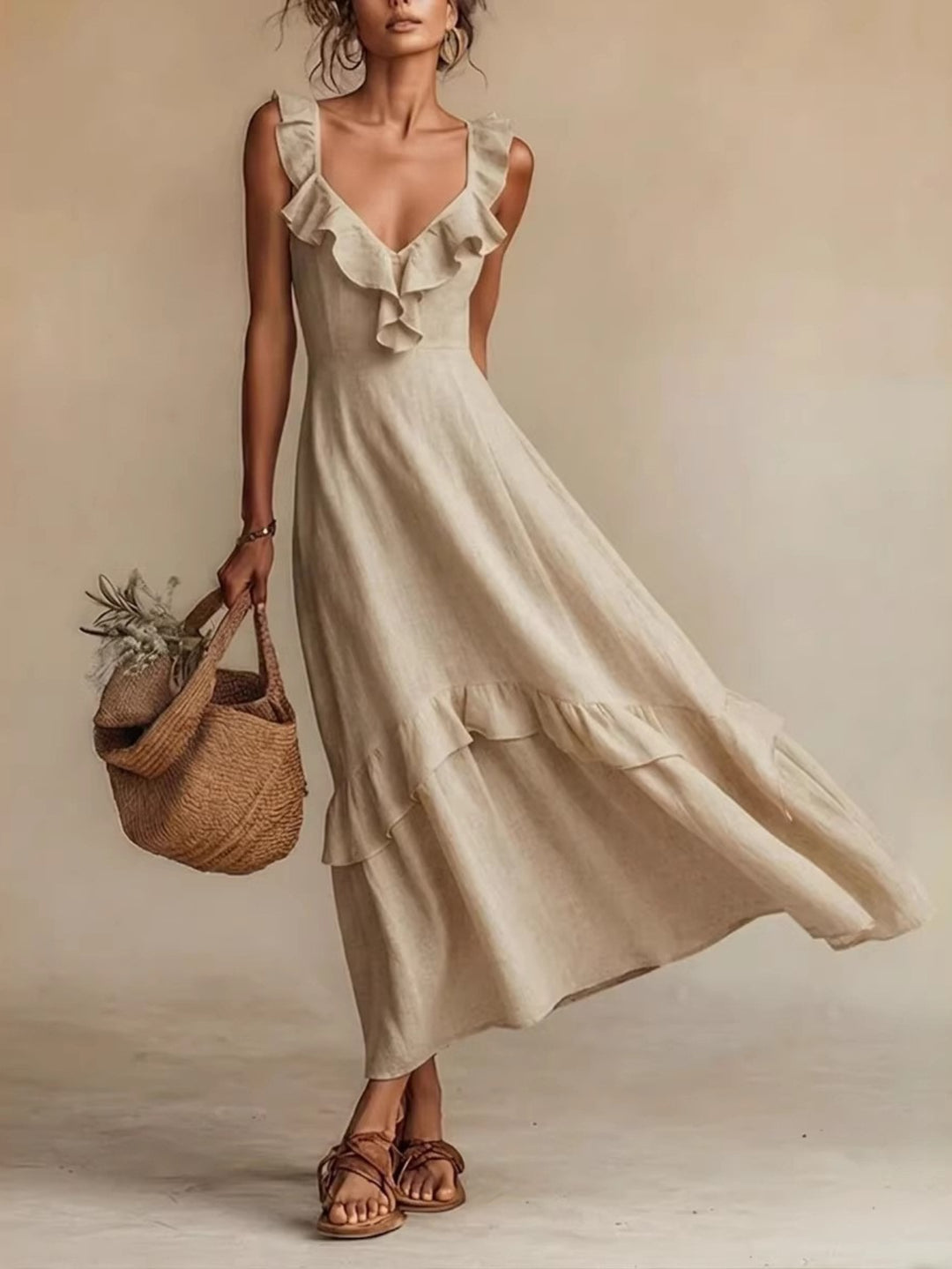 Abito Maxi Ruffle con Scollatura a V per Donna, Design con Orlo a Strati Senza Maniche, Stile Casual Elegante, Molti Colori per Estate, Spiaggia, Vacanze, Uso Quotidiano