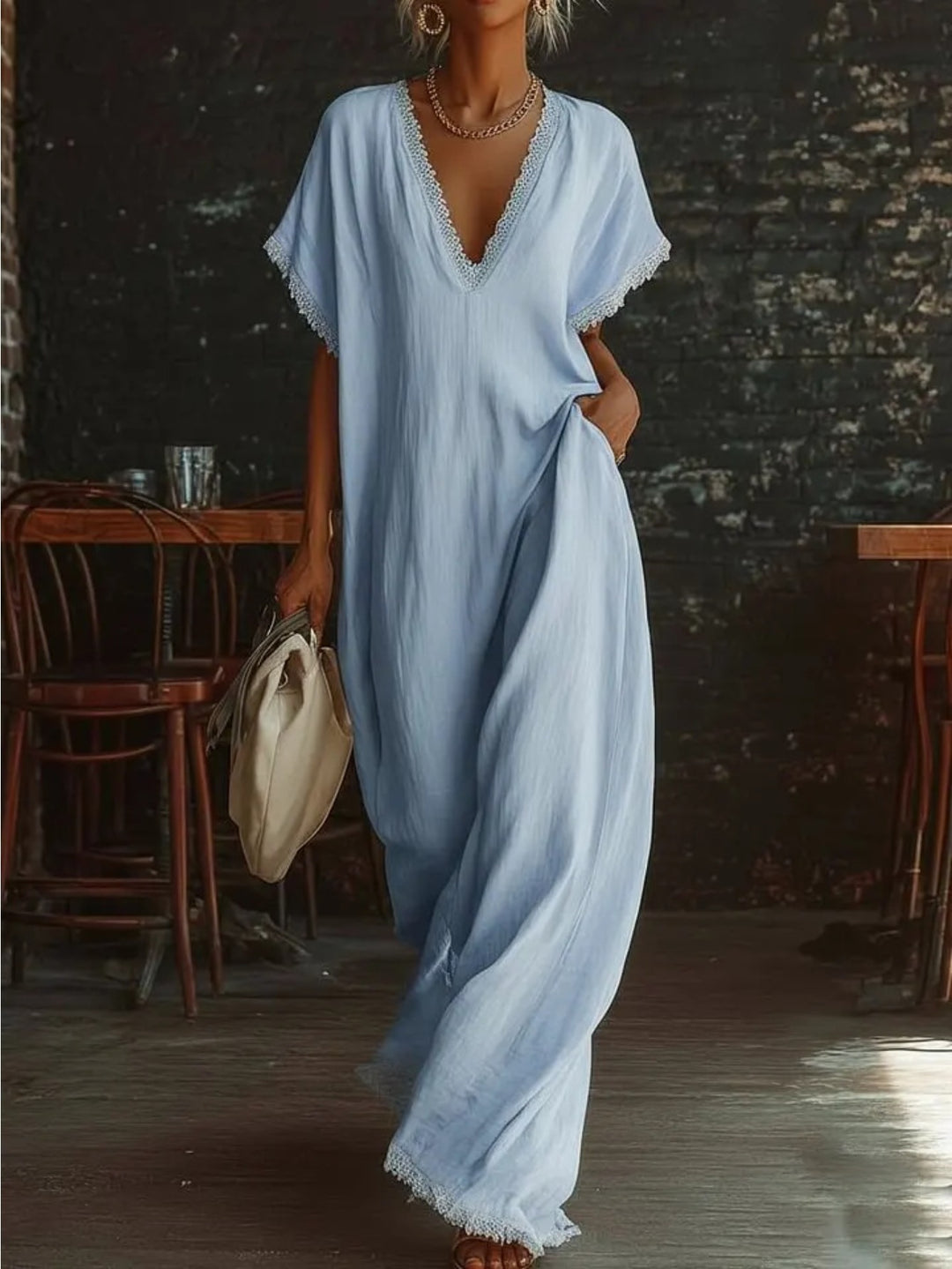 Abito Maxi Lino Bianco con Scollo a V e Bordo in Pizzo, Estivo, Nuovo, Slim Fit, Maniche Corte, Casual, Versatile, per Vacanze
