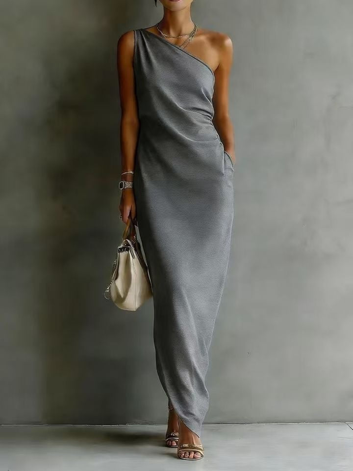 Abito Maxi Senza Maniche a Spalla Unica per Donna, Orlo Asimmetrico Arricciato con Tasca Laterale, Stile Elegante per Feste, Disponibile in 6 Colori