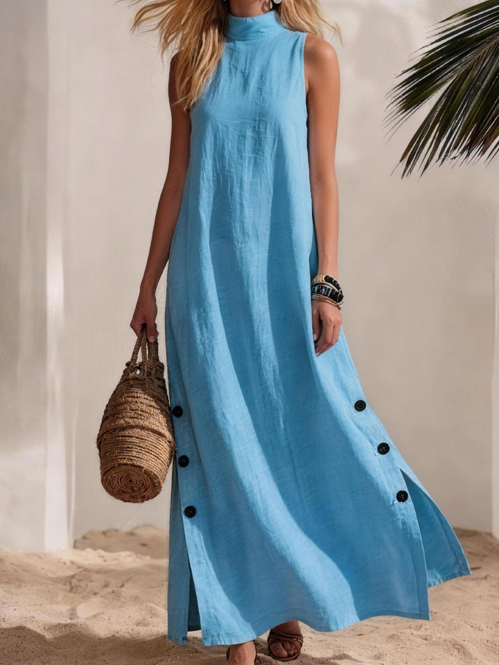 Donna - Abito Maxi Senza Maniche, Collo Alto con Fessura Laterale e Dettaglio Bottoni, Stile Casual da Spiaggia