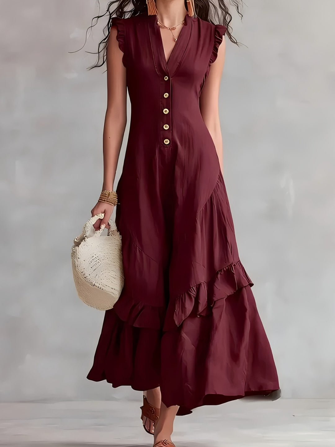 Elegante Abito Maxi Senza Maniche con Scollo a V e Orlo a Righe - Tessuto Bianco Lavabile Adatto per Pendolarismo e Abbigliamento Semi-Formale, Abito Monocromatico Lavabile in Lavatrice per Primavera Estate Autunno
