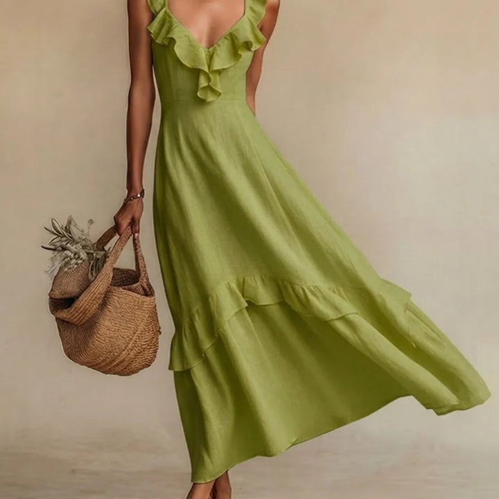 Abito Maxi con Righe a Volant in 4 Colori per Donne, Vestito Casual Senza Maniche a V per l'Estate, Giallo/Beige/Verde/Bianco