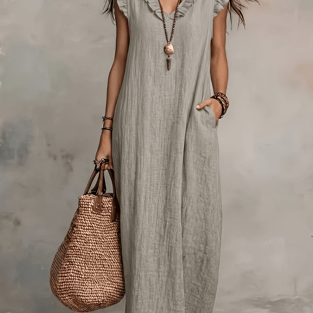 Abito lungo senza maniche a V con volant per donna, tessuto in lino traspirante e amico della pelle, stile versatile per vacanze e pendolarismo, design morbido, abito lungo fresco e rilassato per l'estate