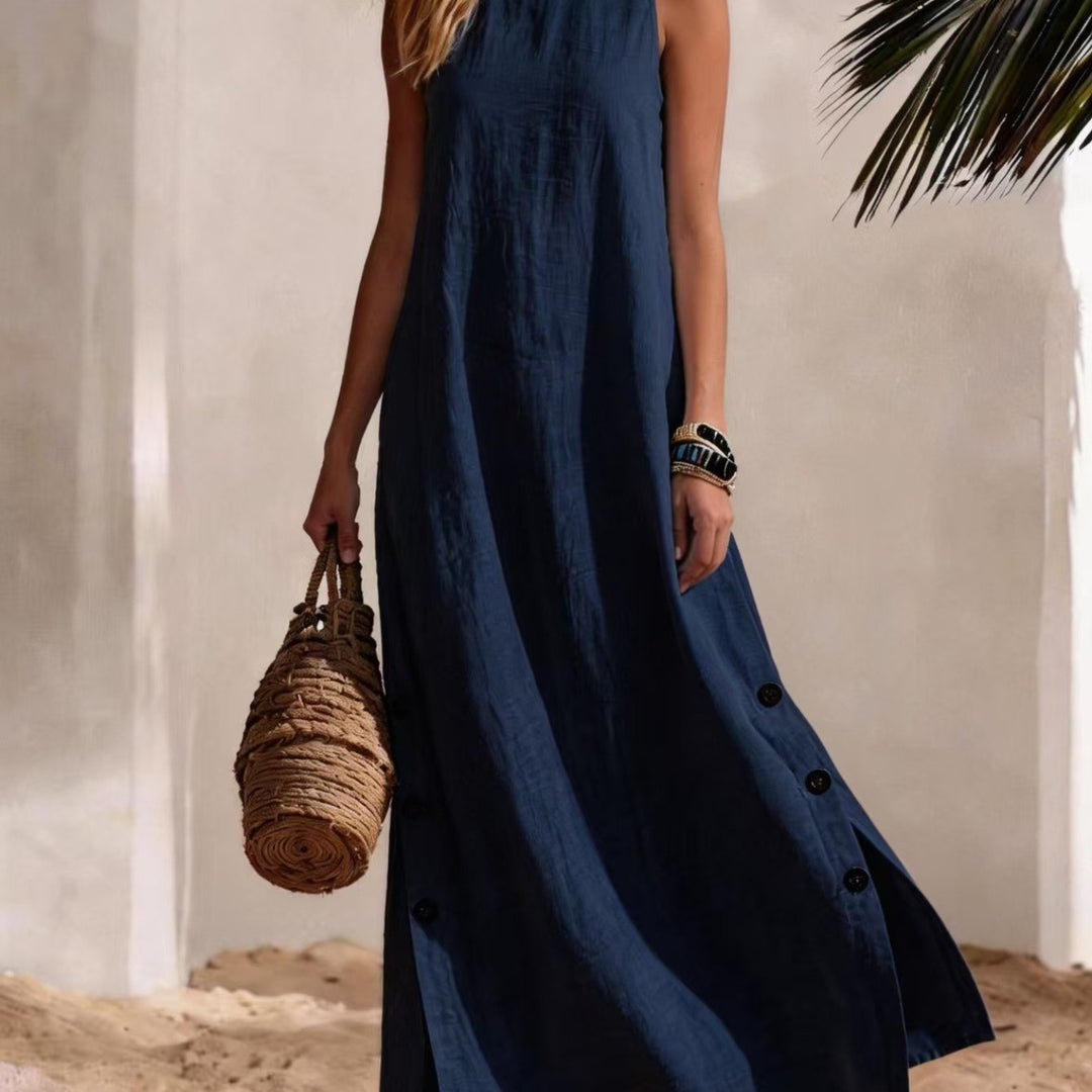 Donna - Abito Maxi Senza Maniche, Collo Alto con Fessura Laterale e Dettaglio Bottoni, Stile Casual da Spiaggia