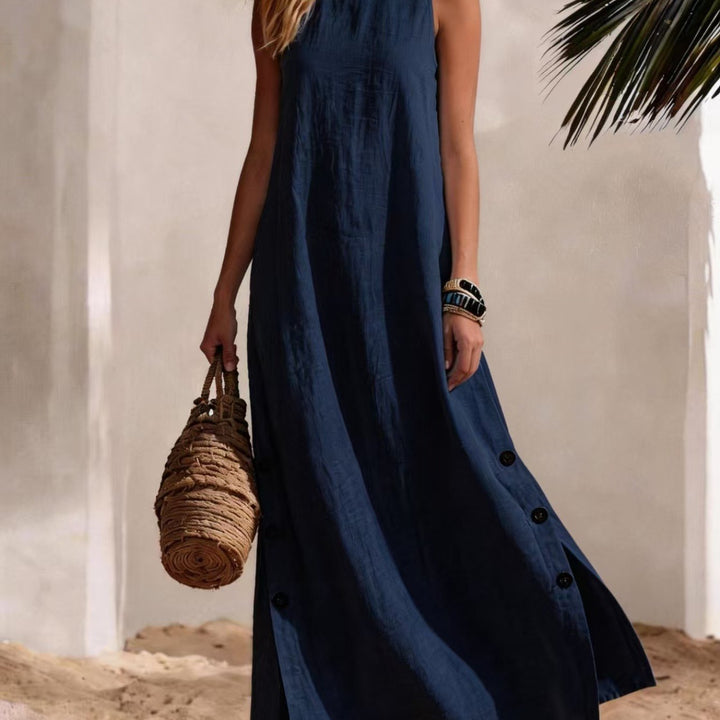 Donna - Abito Maxi Senza Maniche, Collo Alto con Fessura Laterale e Dettaglio Bottoni, Stile Casual da Spiaggia