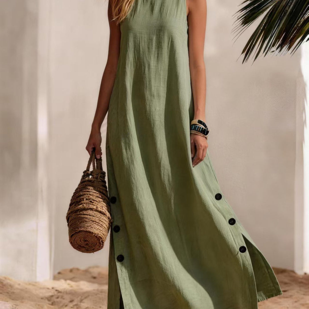 Donna - Abito Maxi Senza Maniche, Collo Alto con Fessura Laterale e Dettaglio Bottoni, Stile Casual da Spiaggia