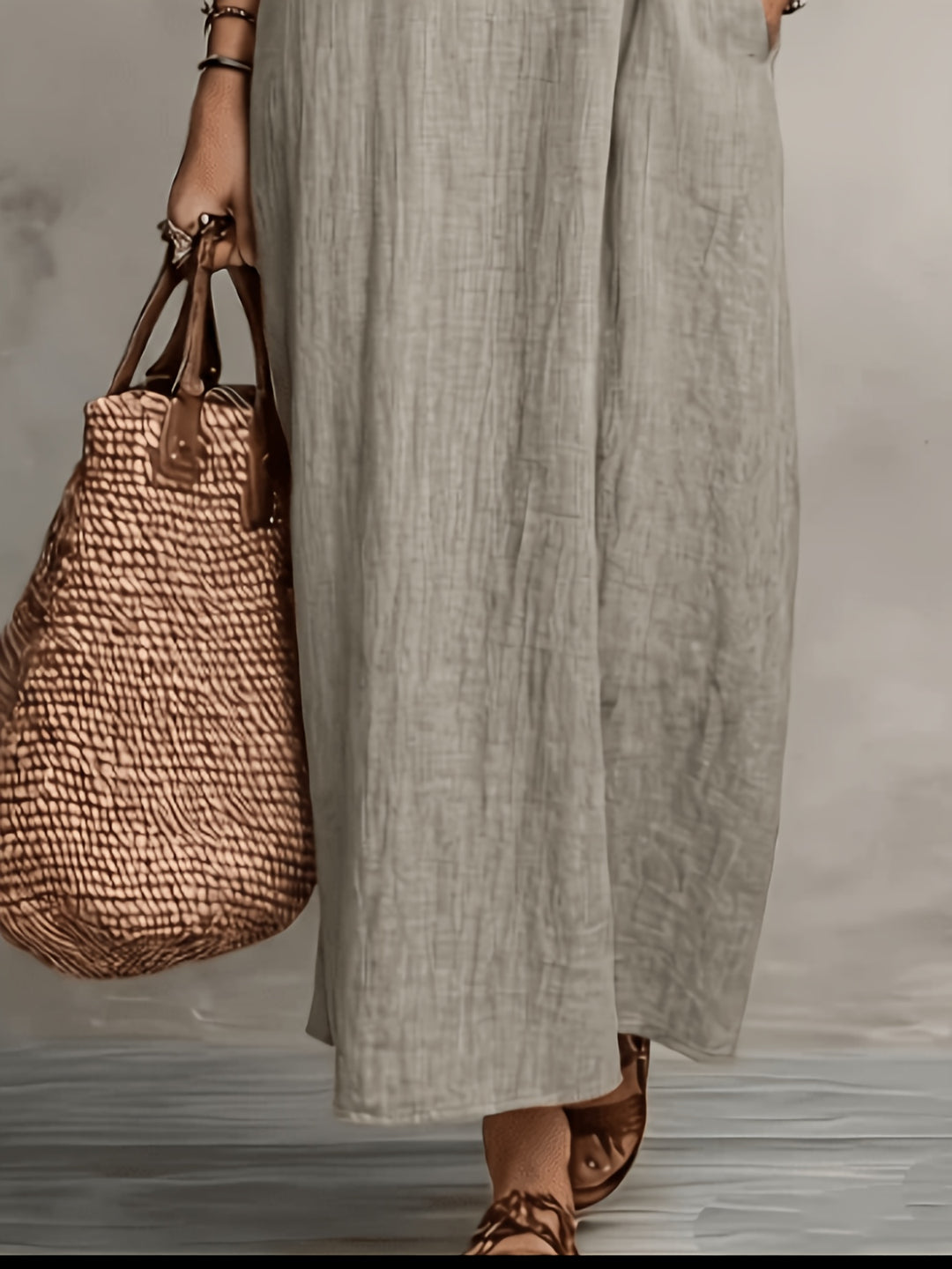 Abito lungo senza maniche a V con volant per donna, tessuto in lino traspirante e amico della pelle, stile versatile per vacanze e pendolarismo, design morbido, abito lungo fresco e rilassato per l'estate