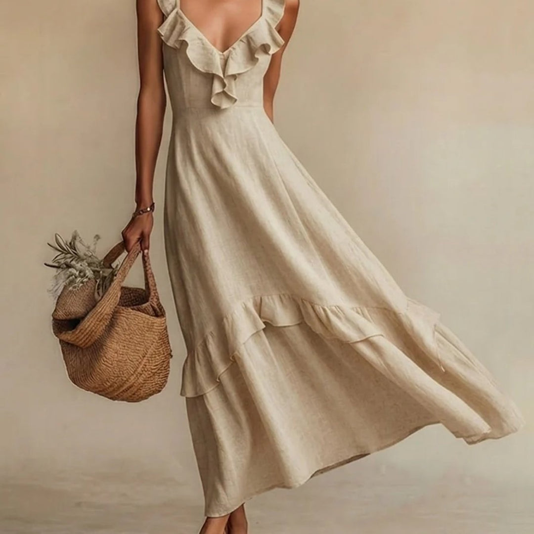 Abito Maxi con Righe a Volant in 4 Colori per Donne, Vestito Casual Senza Maniche a V per l'Estate, Giallo/Beige/Verde/Bianco