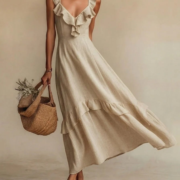 Abito Maxi con Righe a Volant in 4 Colori per Donne, Vestito Casual Senza Maniche a V per l'Estate, Giallo/Beige/Verde/Bianco