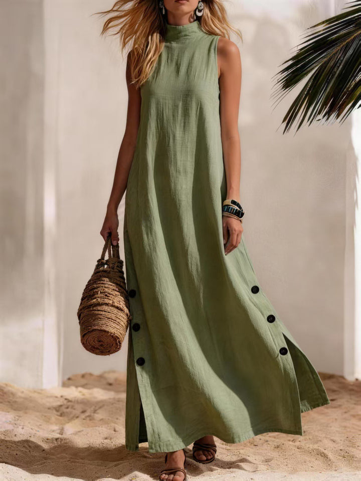 Donna - Abito Maxi Senza Maniche, Collo Alto con Fessura Laterale e Dettaglio Bottoni, Stile Casual da Spiaggia