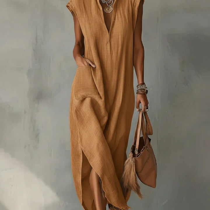 Abito Maxi in Lino per Donna, Collo Volante Senza Maniche con Tasche e Fessura Laterale, Vestibilità Larga, Stile Estivo Casual per Spiaggia, Vacanze, Uso Quotidiano