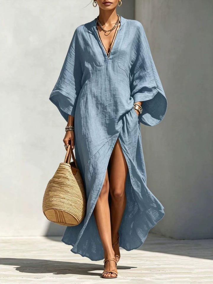 Abito Maxi con Maniche a Kimono - V-Neck con Fessura Frontale e Tasche Laterali, Stile Casual da Spiaggia
