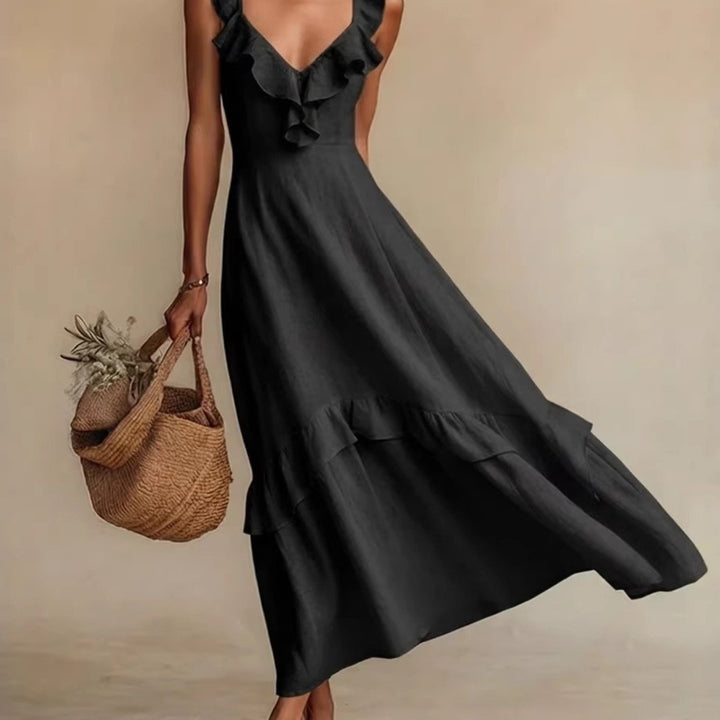 Abito Maxi Ruffle con Scollatura a V per Donna, Design con Orlo a Strati Senza Maniche, Stile Casual Elegante, Molti Colori per Estate, Spiaggia, Vacanze, Uso Quotidiano