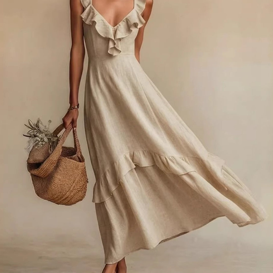 Abito Maxi Ruffle con Scollatura a V per Donna, Design con Orlo a Strati Senza Maniche, Stile Casual Elegante, Molti Colori per Estate, Spiaggia, Vacanze, Uso Quotidiano