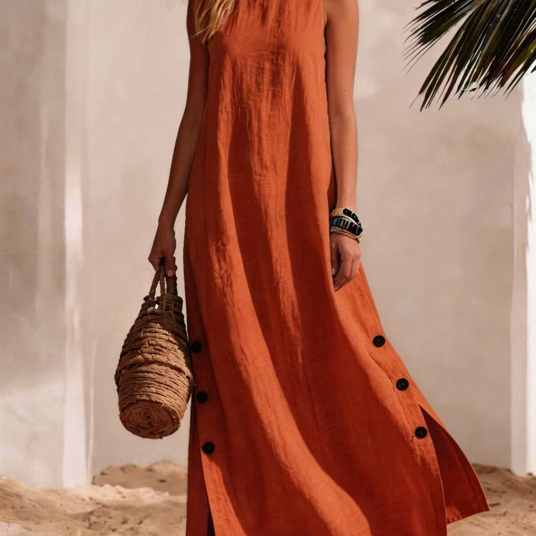 Donna - Abito Maxi Senza Maniche, Collo Alto con Fessura Laterale e Dettaglio Bottoni, Stile Casual da Spiaggia