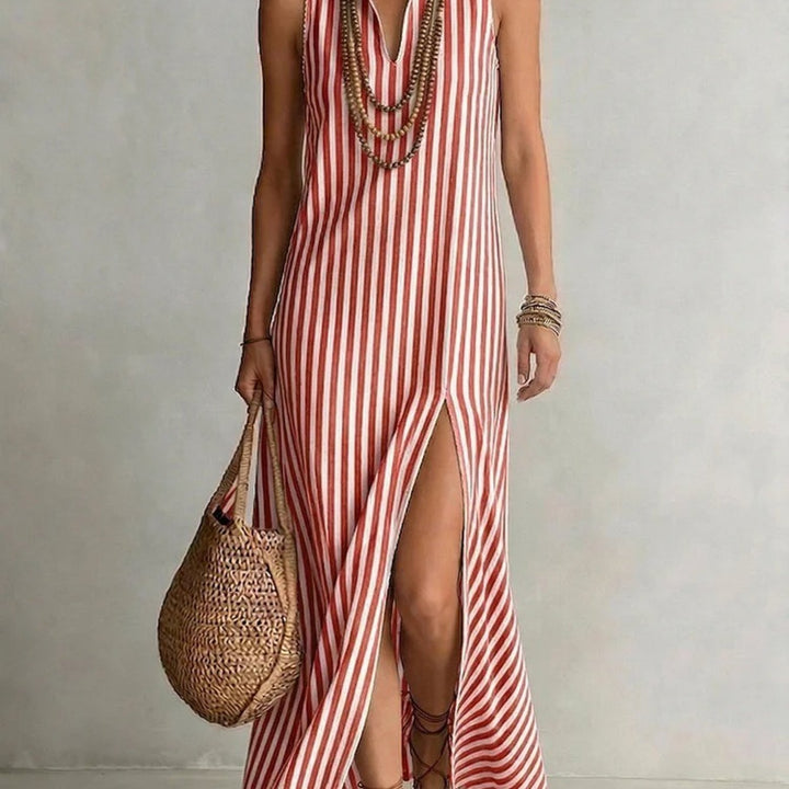 Abito Maxi Senza Maniche a Righe per Donna, Collo Alto a V con Fessura Anteriore, Abbigliamento Estivo Casual