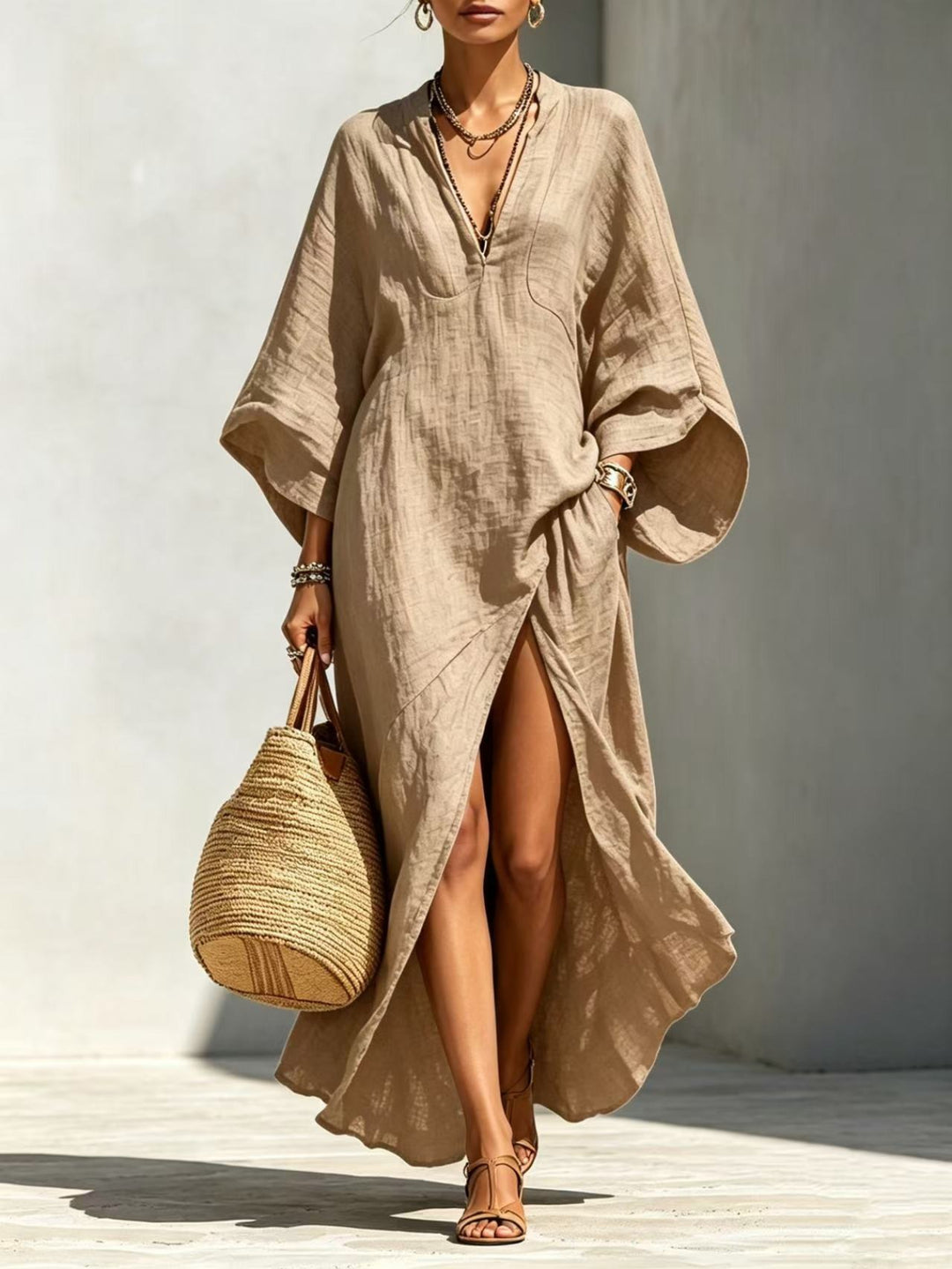 Abito Maxi con Maniche a Kimono - V-Neck con Fessura Frontale e Tasche Laterali, Stile Casual da Spiaggia
