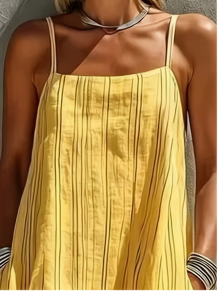 Abito Maxi in Lino a Righe da Donna - Senza Maniche con Scollo Quadrato - Abito a Linea con Tasche | Collo/Camelien Adatto per Vacanze al Mare, Abbigliamento da Resort | Abito Estivo Lungo e Fluttuante per Viaggi, Outfit Giornalieri | Abito Lavabile in La